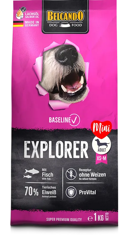 Belcando dog food package with a pink and black design featuring a dog's face.
