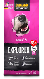 Belcando dog food package with a pink and black design featuring a dog's face.
