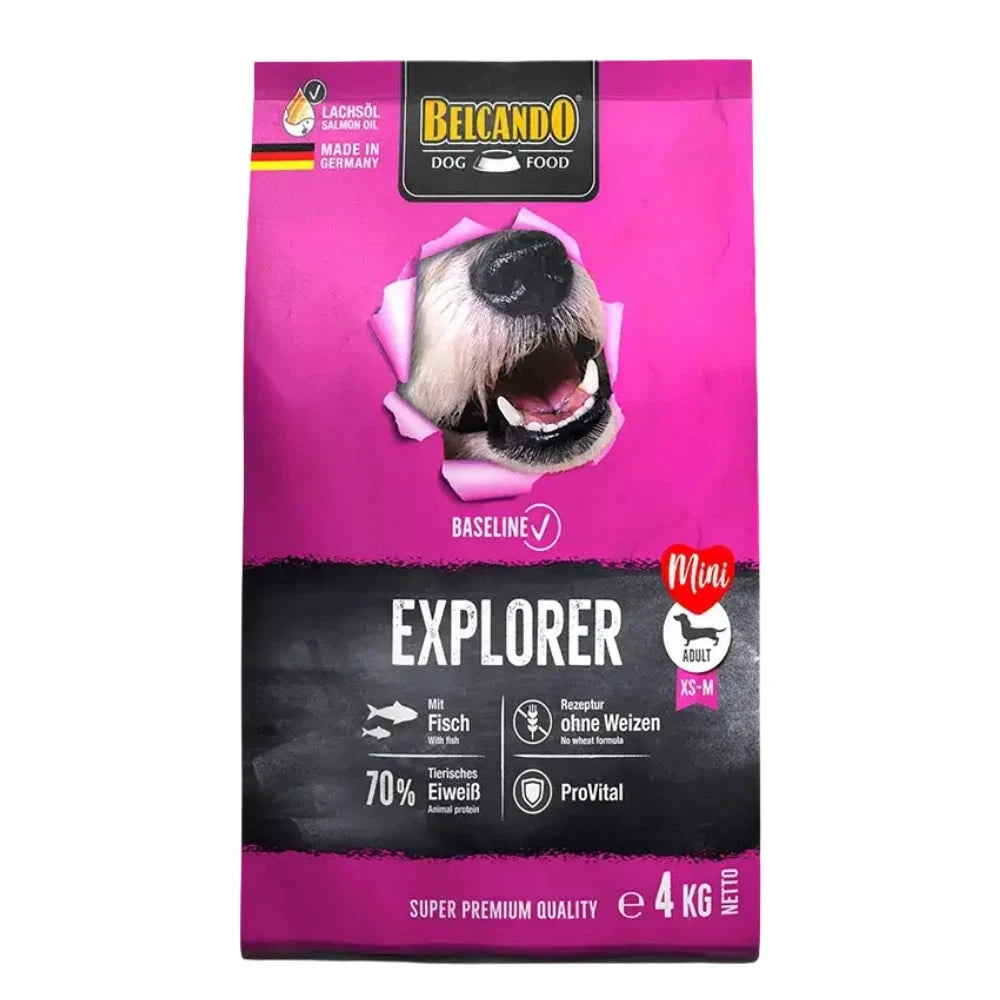 Belcando dog food package with pink and black design on a white background