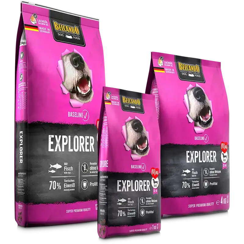 Three bags of Belcando dog food with pink and black packaging on a white background
