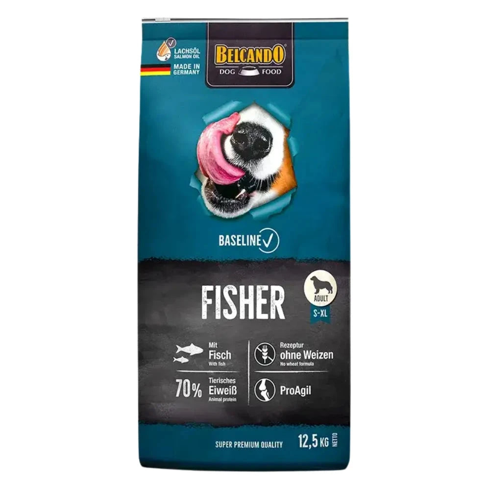 Belcando dog food package with a blue and black design featuring a dog and fish illustration.