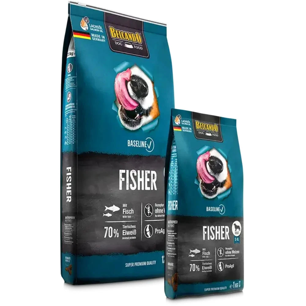 Two packages of Fisher dog food with a visible brand logo on a white background