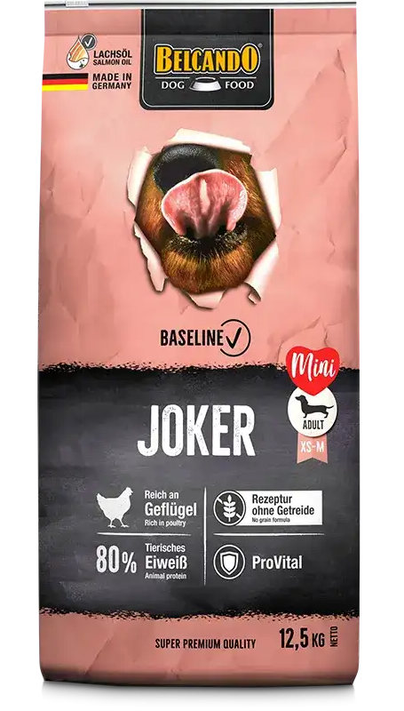 Dog food package with Belcando branding and 'Joker' label on a white background