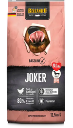 Dog food package with Belcando branding and 'Joker' label on a white background