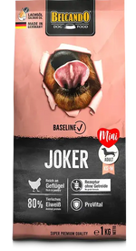 Dog food package with visible branding and product details on a white background