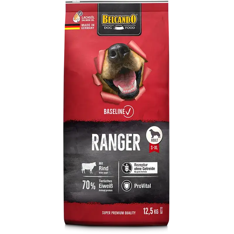 Dog food package with a red and black design featuring a dog's face and text.