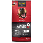Dog food package with a red and black design featuring a dog's face and text.