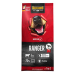 Dog food package with a red and black design featuring a dog's face and Belcando branding.