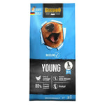 Beltando dog food package for young dogs on a white background