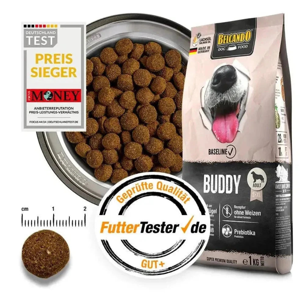Dog food bowl with kibble, Belineo dog food package, and certification logos on a white background