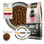 Dog food bowl with kibble, Belineo dog food package, and certification logos on a white background