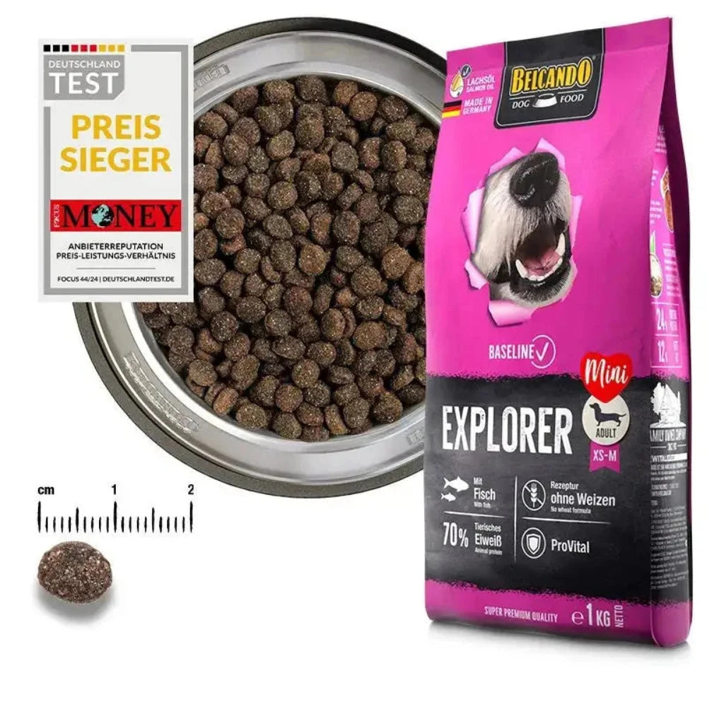 Dog food packaging with a bowl of dog food and a measurement scale.
