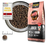 Dog food package with a bowl of dog food and a scale for size reference.
