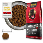 Dog food package with a bowl of dog food and a measurement scale on a white background