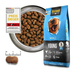 Dog food packaging with a bowl of dog food, a measurement of a single dog food pellet, and a 'Preis Sieger' label.