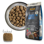 Belcando Junior Maxi dog food packaging with a bowl of food and a single kibble.