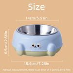 Measurement chart of a blue pet bowl with cartoon face design on a beige background
