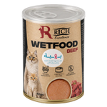 A 400g can of Rich Excellence Wetfood Beef cat food, featuring a natural kraft paper label with images of a cat and a kitten, on a light off-white background.
