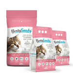 Three packages of Bently Sandy cat litter with a white background