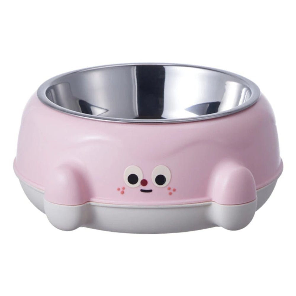 Pink pet bowl with a cartoon face on a white background