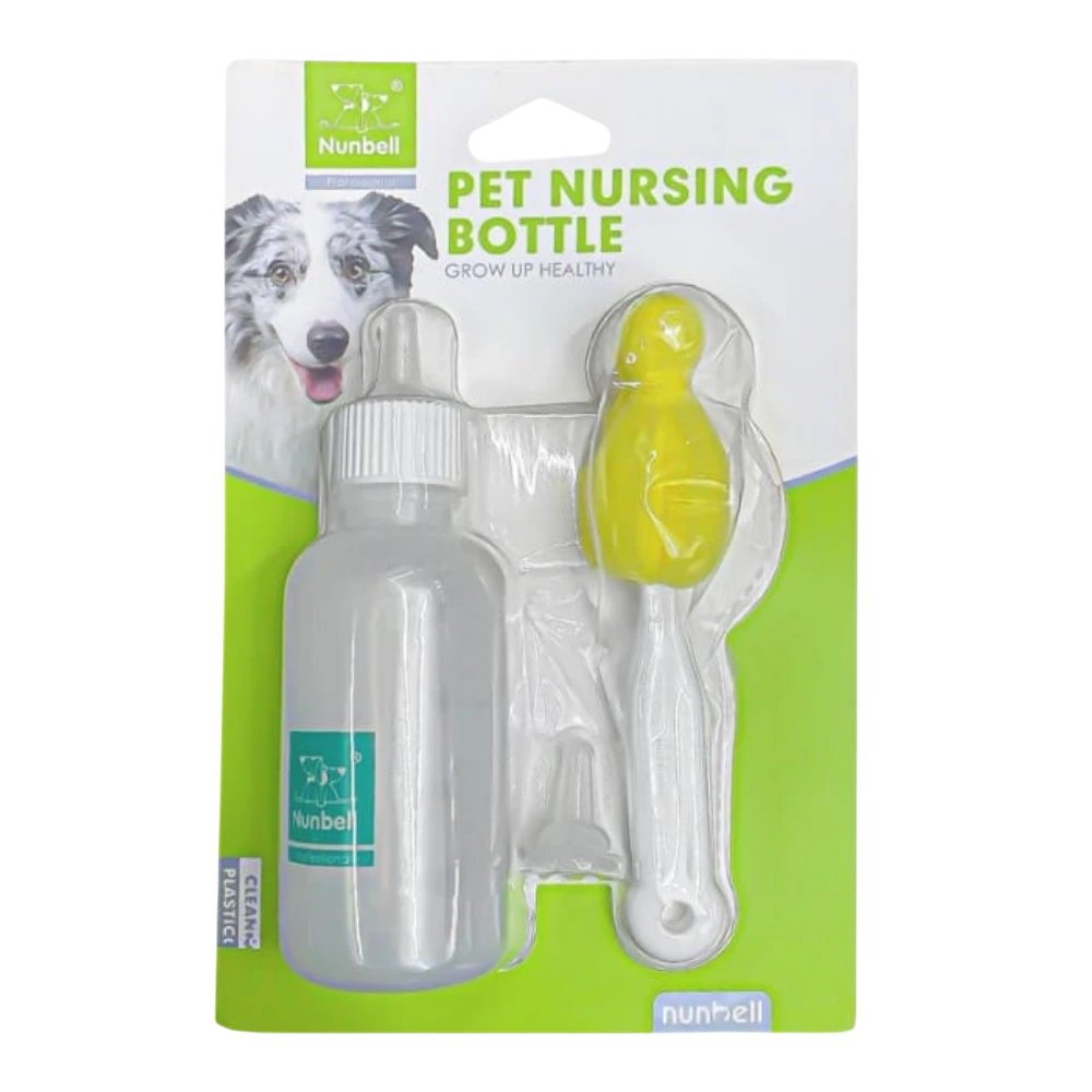 Nunbell pet nursing bottle set on packaging with a dog illustration.