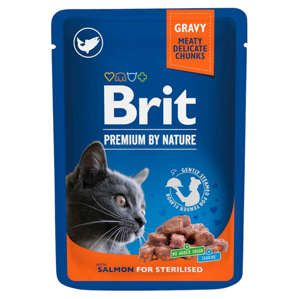Brit Premium by Nature cat food packet for sterilised cats with salmon flavor on a white background