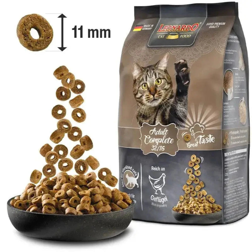 Leonardo cat food package with cat illustration, text, and a bowl of cat food on a white background.