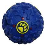 Blue textured dog toy with a yellow paw print logo on a white background