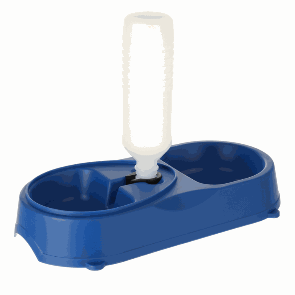 Blue double pet bowl with water dispenser on white background