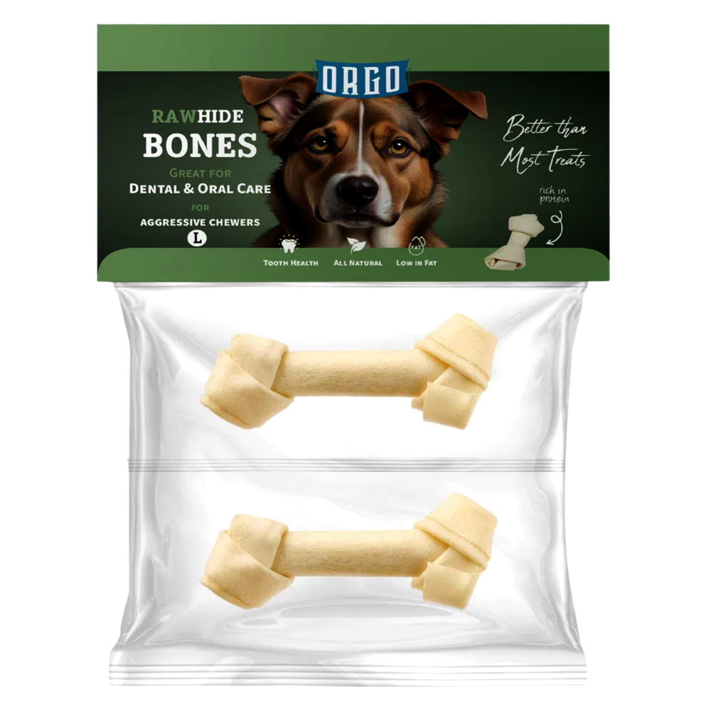 Package of Orijen rawhide bones for dogs with a dog on the label.
