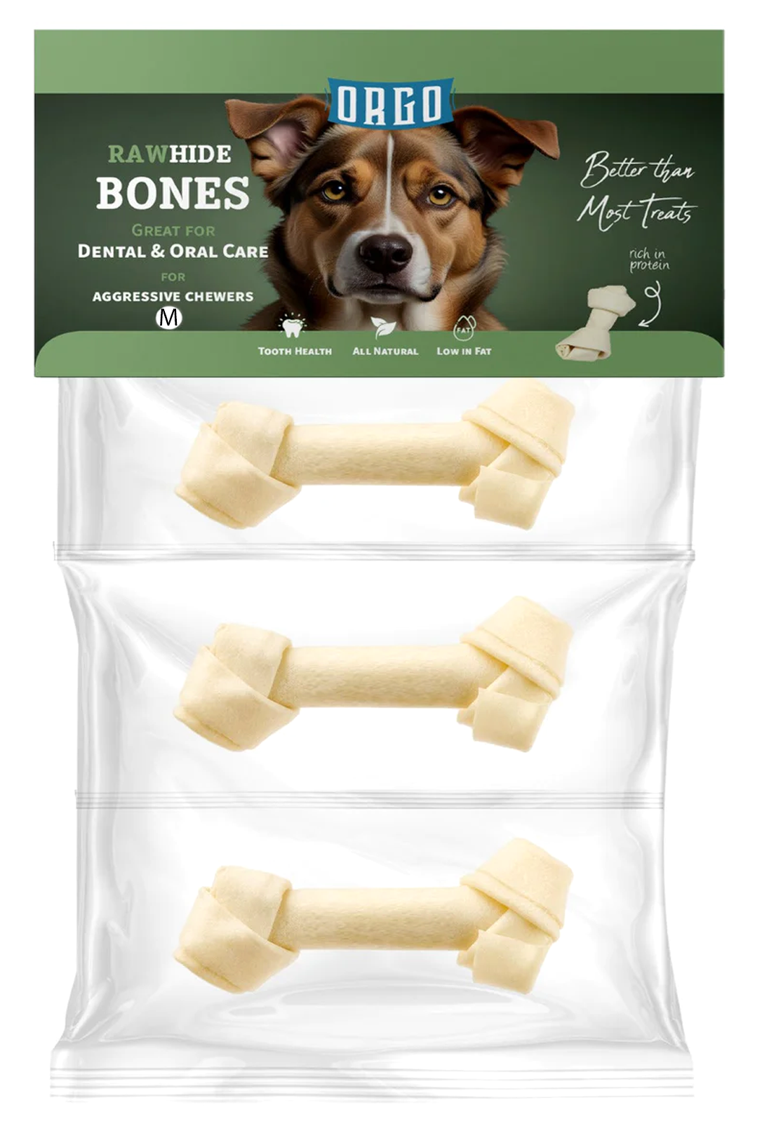 Orgo Rawhide Bones For Dog Dental Oral Care 3 PC Medium.
