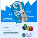 Cat treat package with blue background and white cat illustration, featuring ingredients like Yucca, Carnitine, Glucosamine-Chondroitin Sulfate, L-Carnitine, and Salmon & Blueberry & Cranberry.