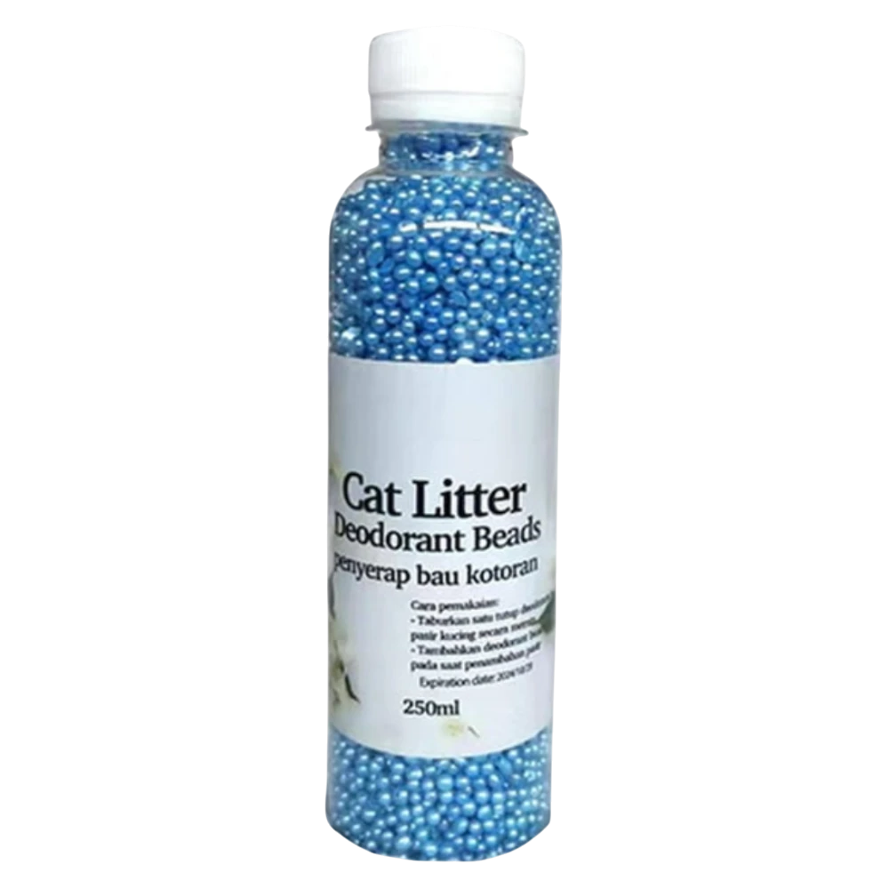 Bottle of cat litter deodorant beads with blue beads on a white background
