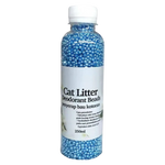 Bottle of cat litter deodorant beads with blue beads on a white background