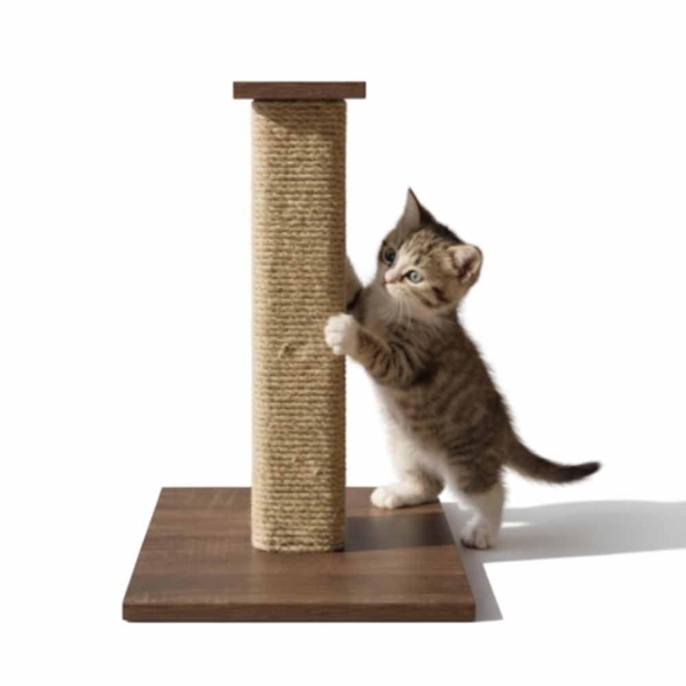 Cat scratching post with kitten on white background