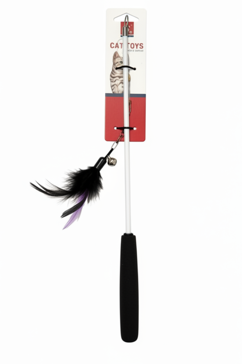 Cat toy with black handle and feathers