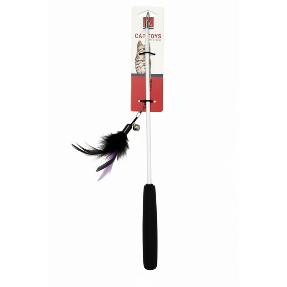 Cat toy with black handle and feathers