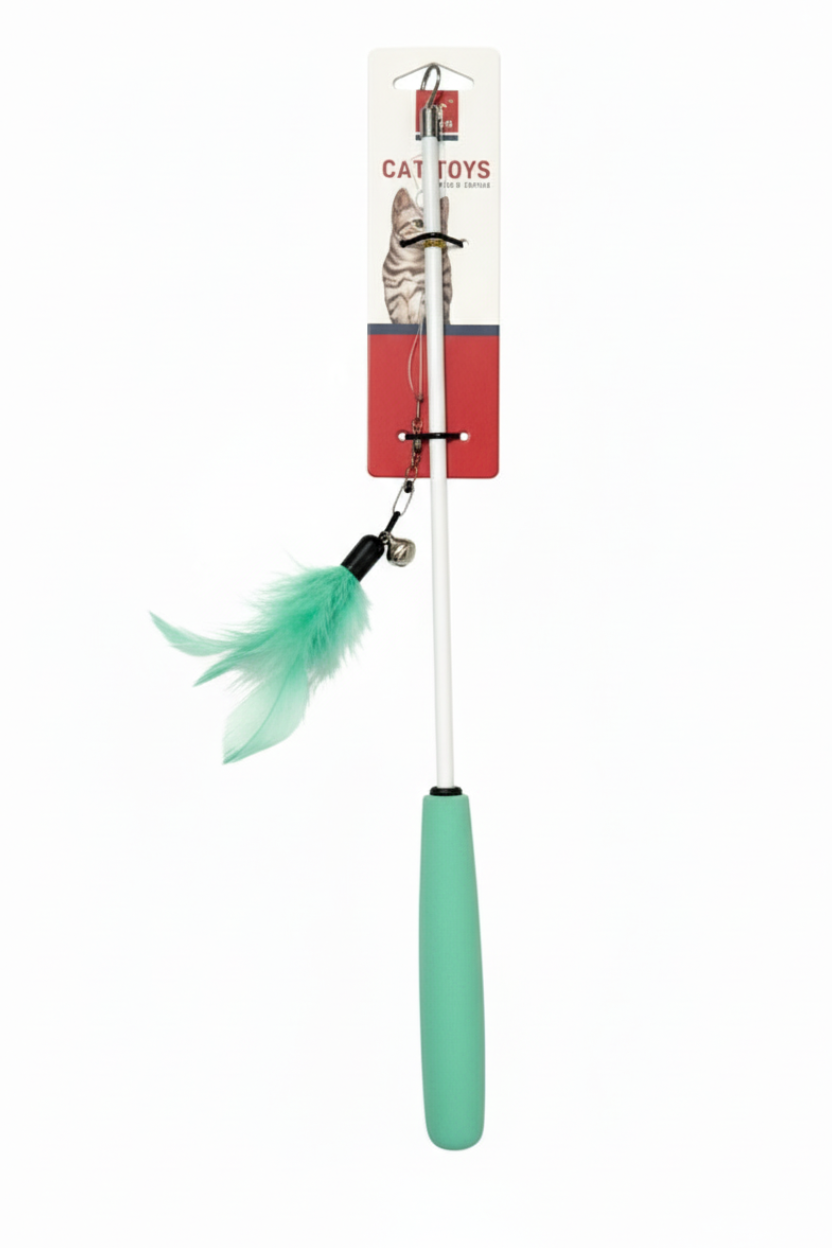 Cat toy with mint green handle and feathers