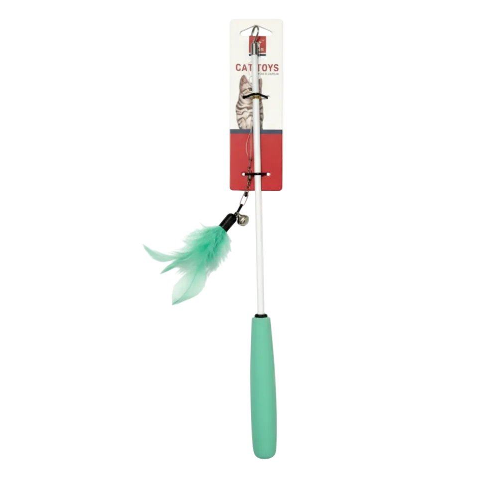 Cat toy with mint green handle and feathers