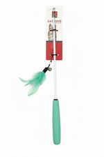 Cat toy with mint green handle and feathers