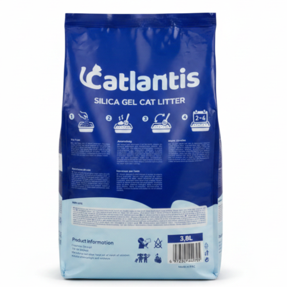 Bag of Atlantis silica gel cat litter on a white background