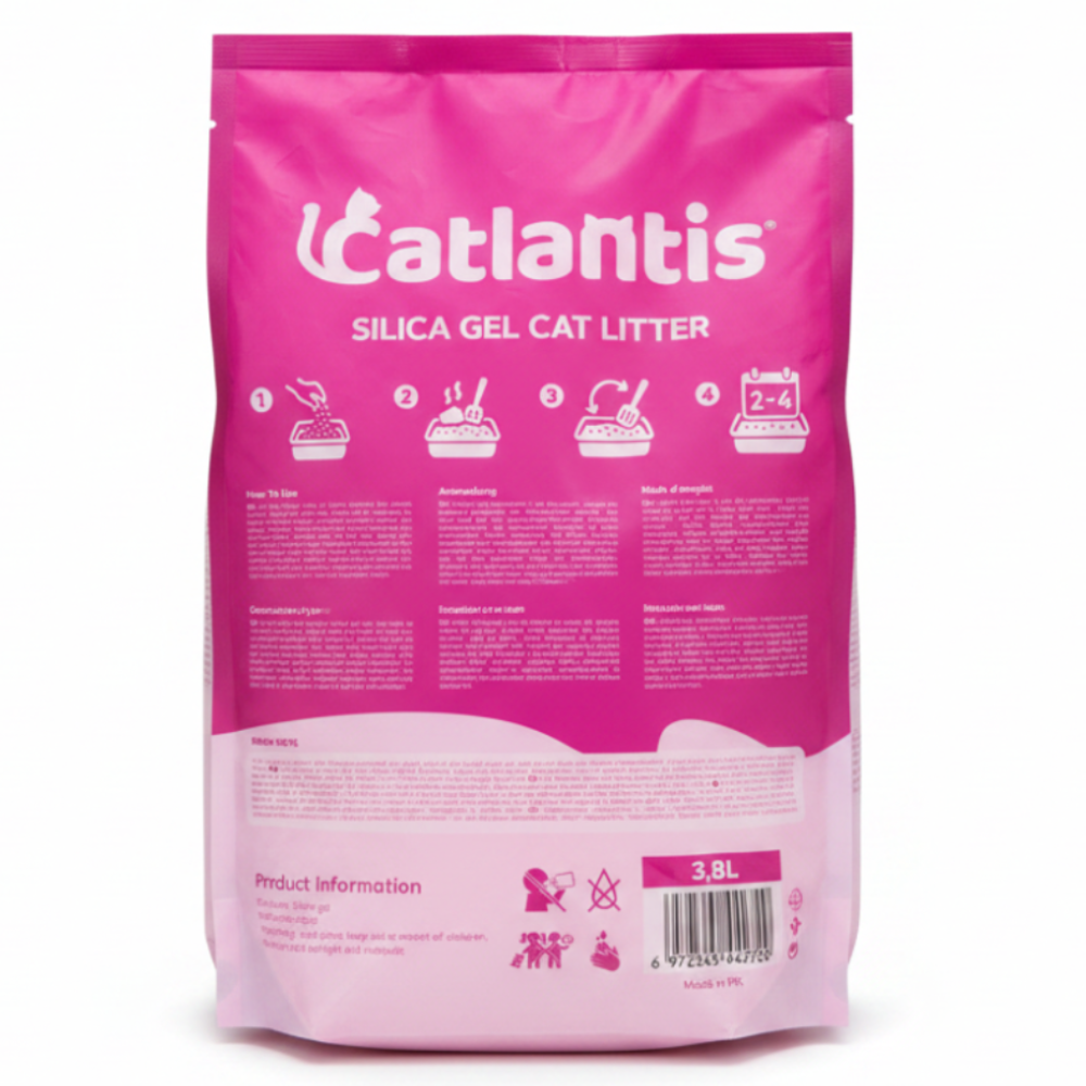 Pink bag of Catlantis silica gel cat litter on a white background