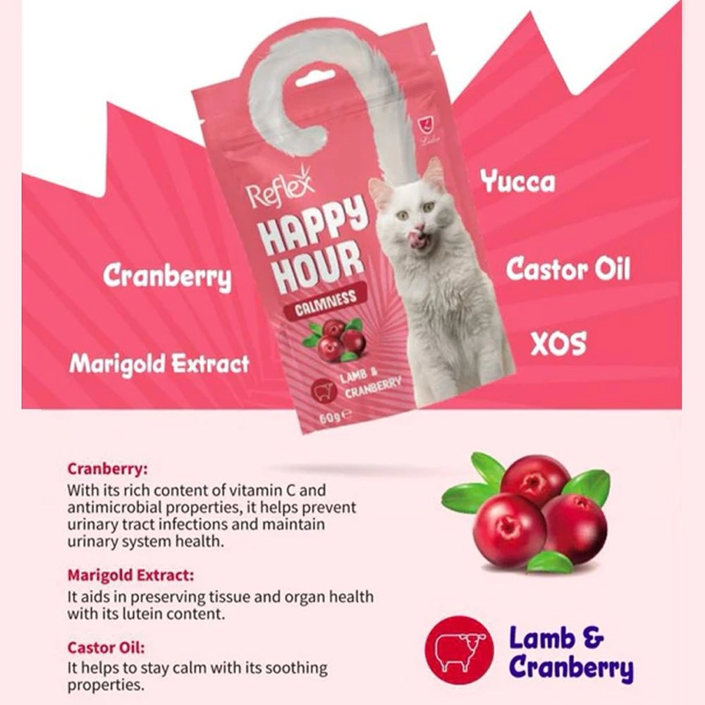 Cat food package with ingredients listed on a pink background