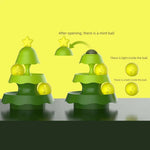 Green toy structure with yellow balls on a yellow background