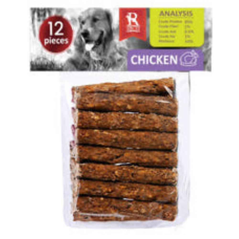 Packaged dog treats with chicken flavor label on a white background