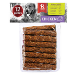 Packaged dog treats with chicken flavor label on a white background