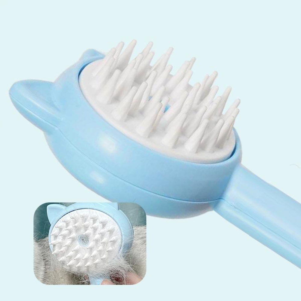 Blue pet grooming brush with white bristles on a light blue background