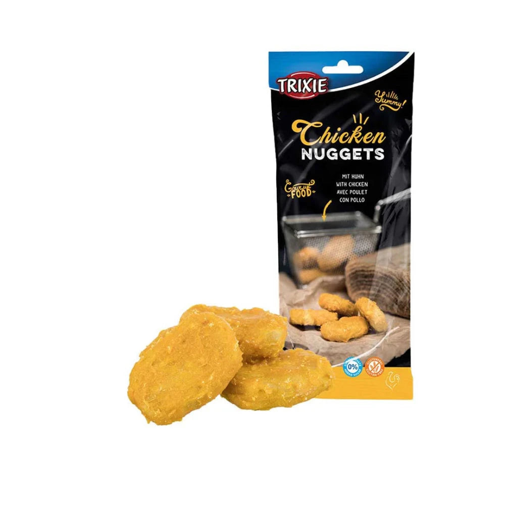 Trixie Chicken Nuggets packaging with nuggets in front on a white background