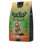 Keké cat food package with a cat on the label, made in Italy.