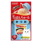 Cat food package with a red and blue design featuring a cat illustration on a white background.